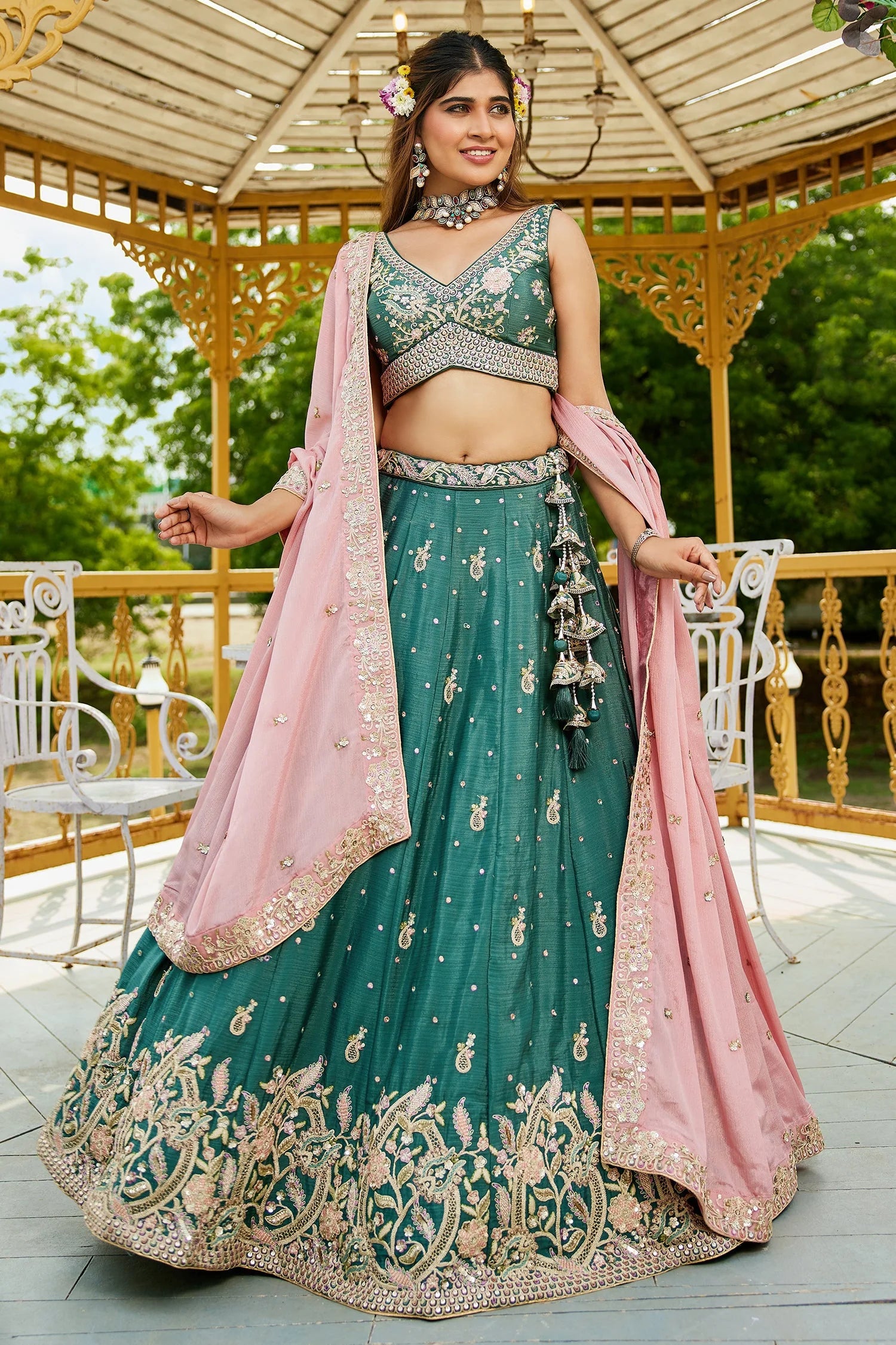 Teal Green Chiffon Sequin Embroidery Lehenga