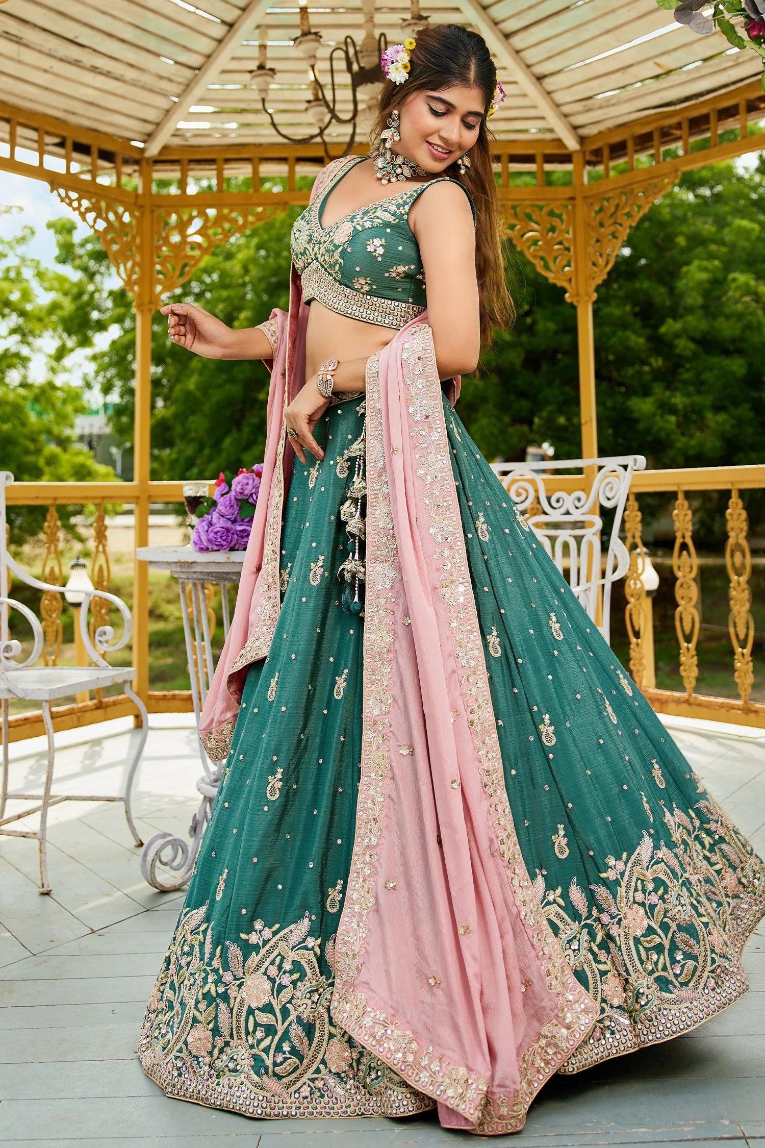 Teal Green Chiffon Lehenga with Sequins Embroidery