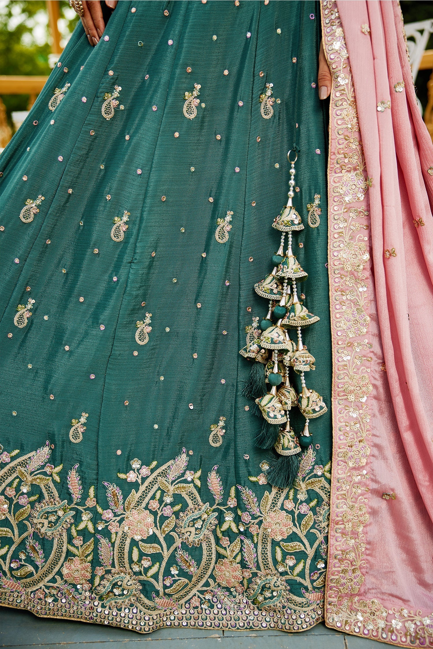 Teal Green Chiffon Lehenga with Sequins Embroidery
