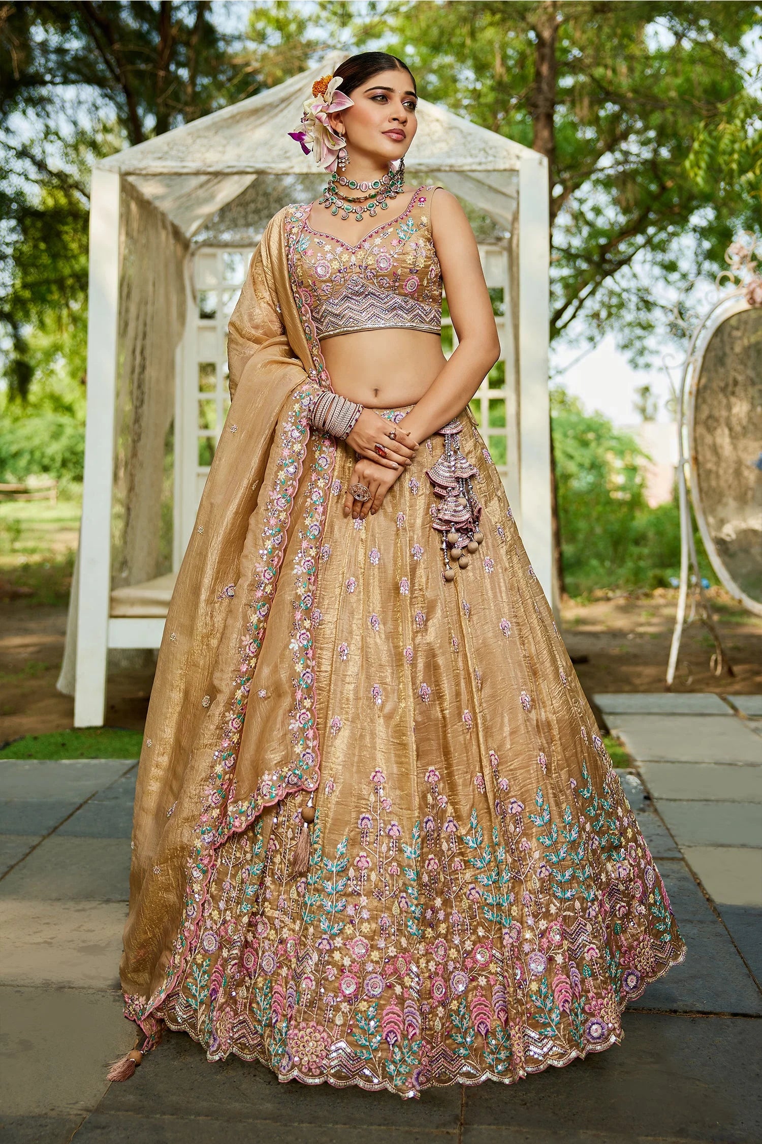 Beige Tissue Lehenga with Sequins Embroidery