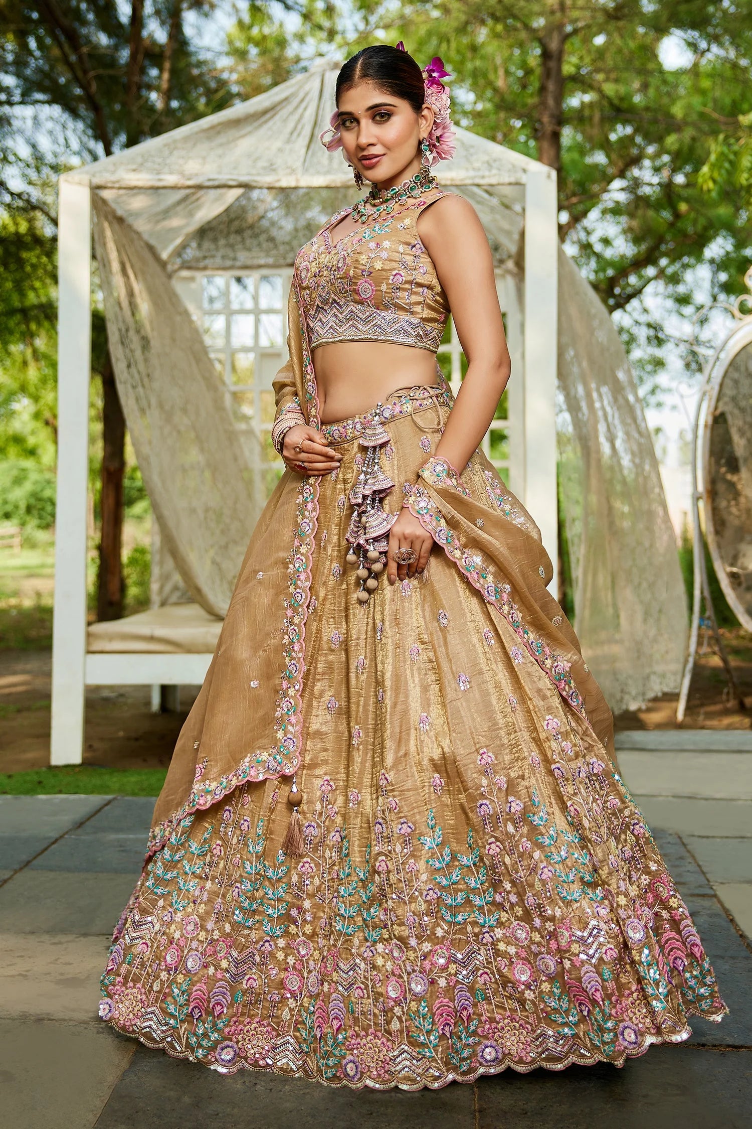 Beige Tissue Lehenga with Sequins Embroidery