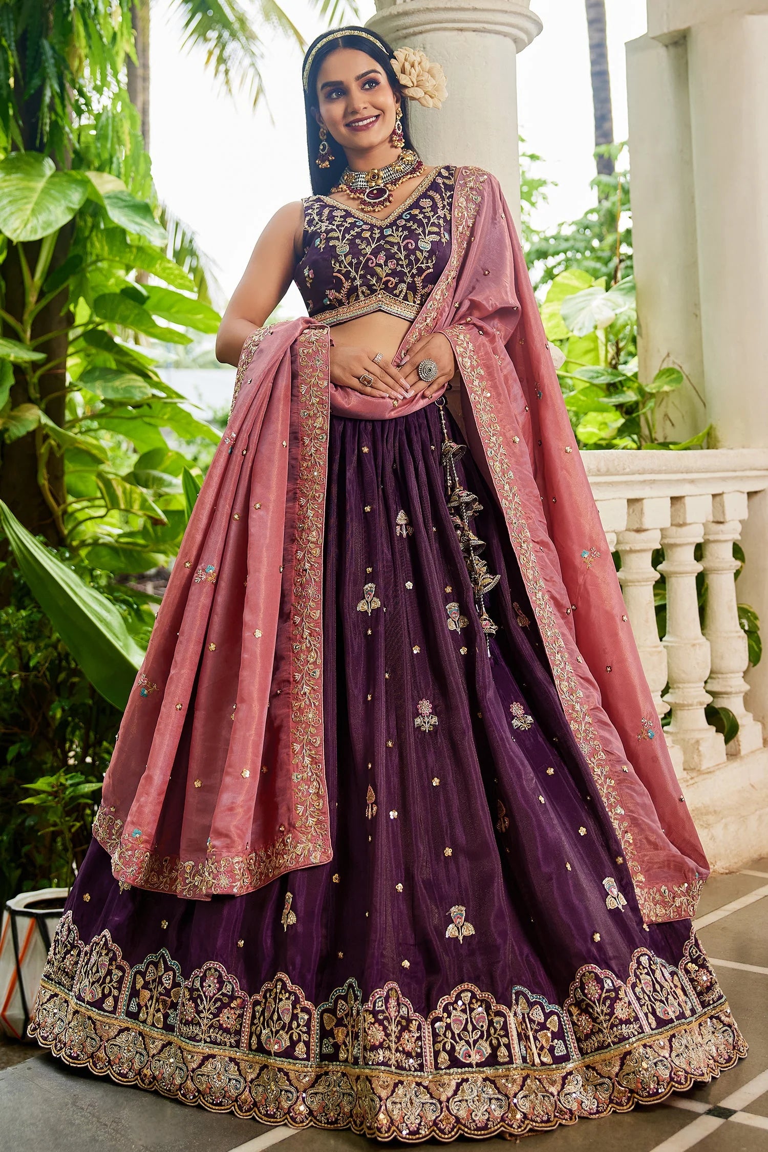 Burgundy Satin Lehenga with Sequins Embroidery