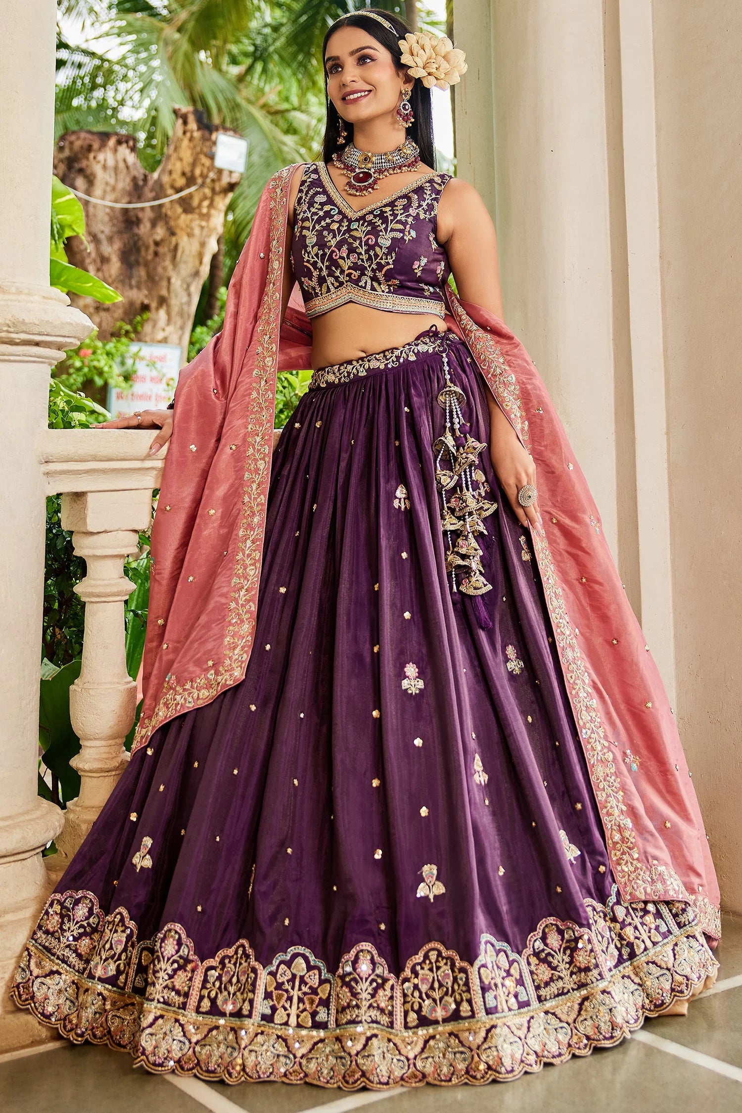 Burgundy Satin Lehenga with Sequins Embroidery