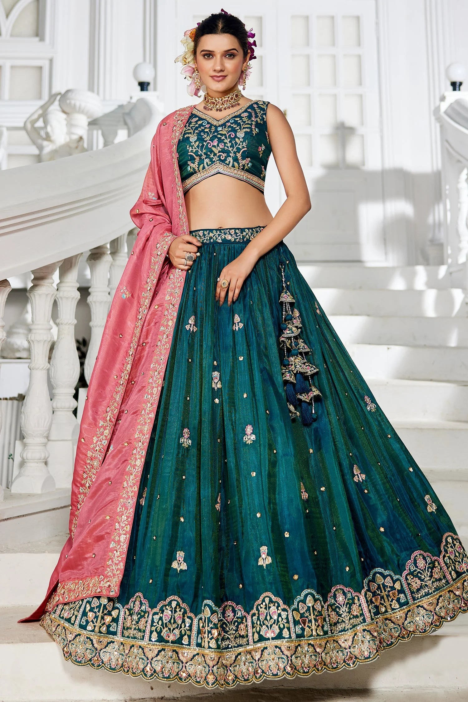 Teal Blue Satin Lehenga with Sequins Embroidery