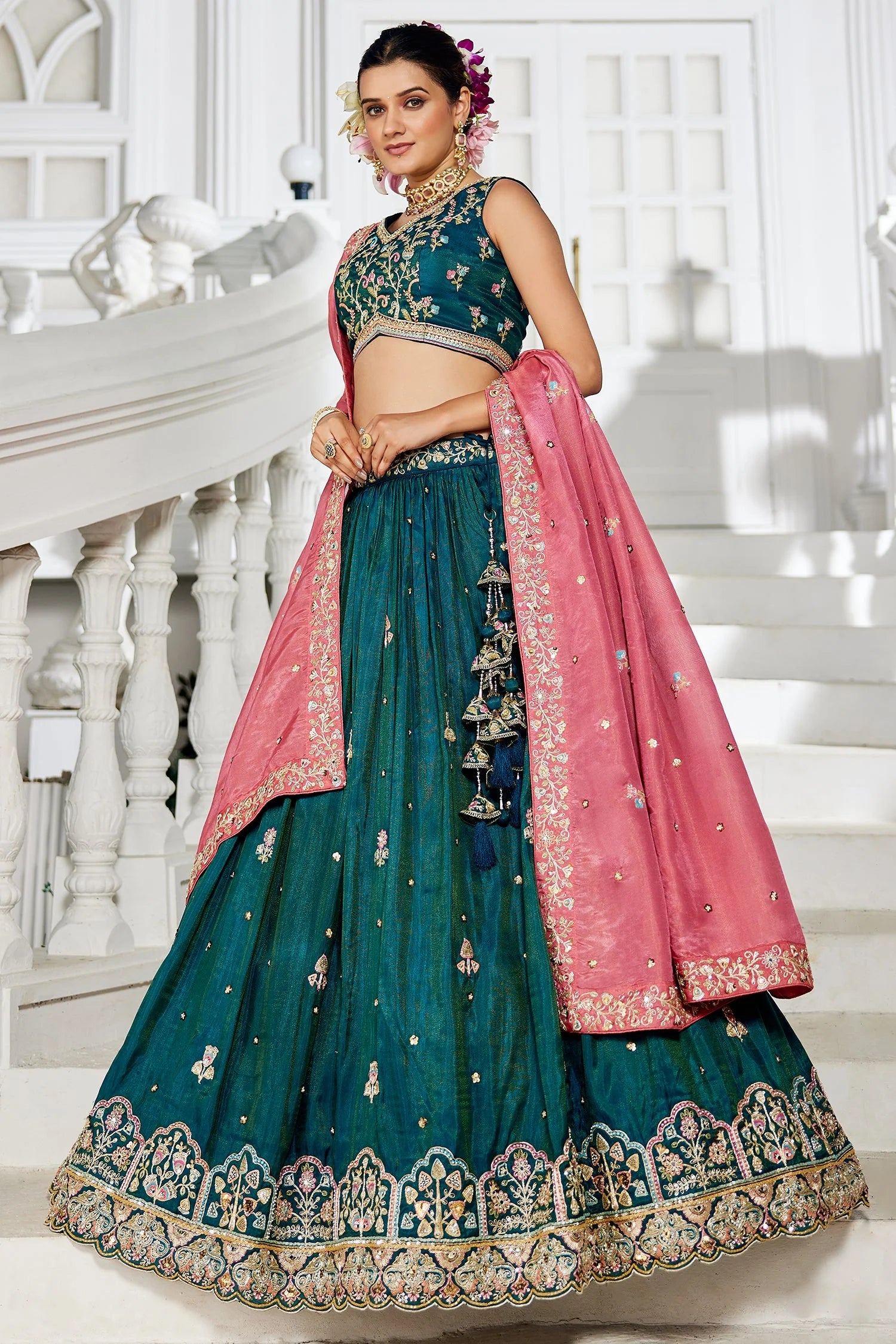 Teal Blue Satin Lehenga with Sequins Embroidery