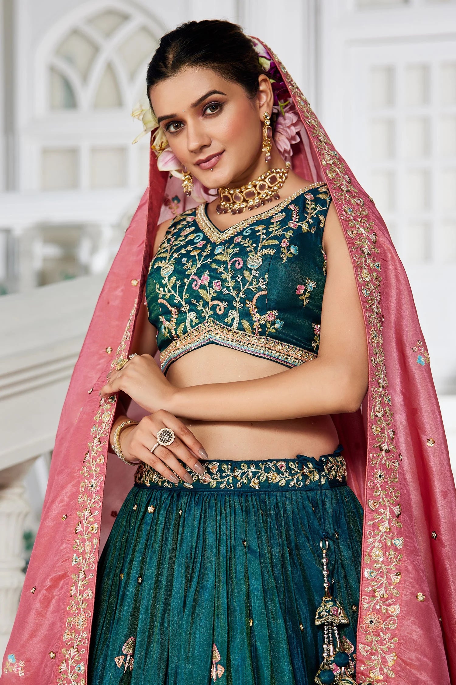 Teal Blue Satin Lehenga with Sequins Embroidery