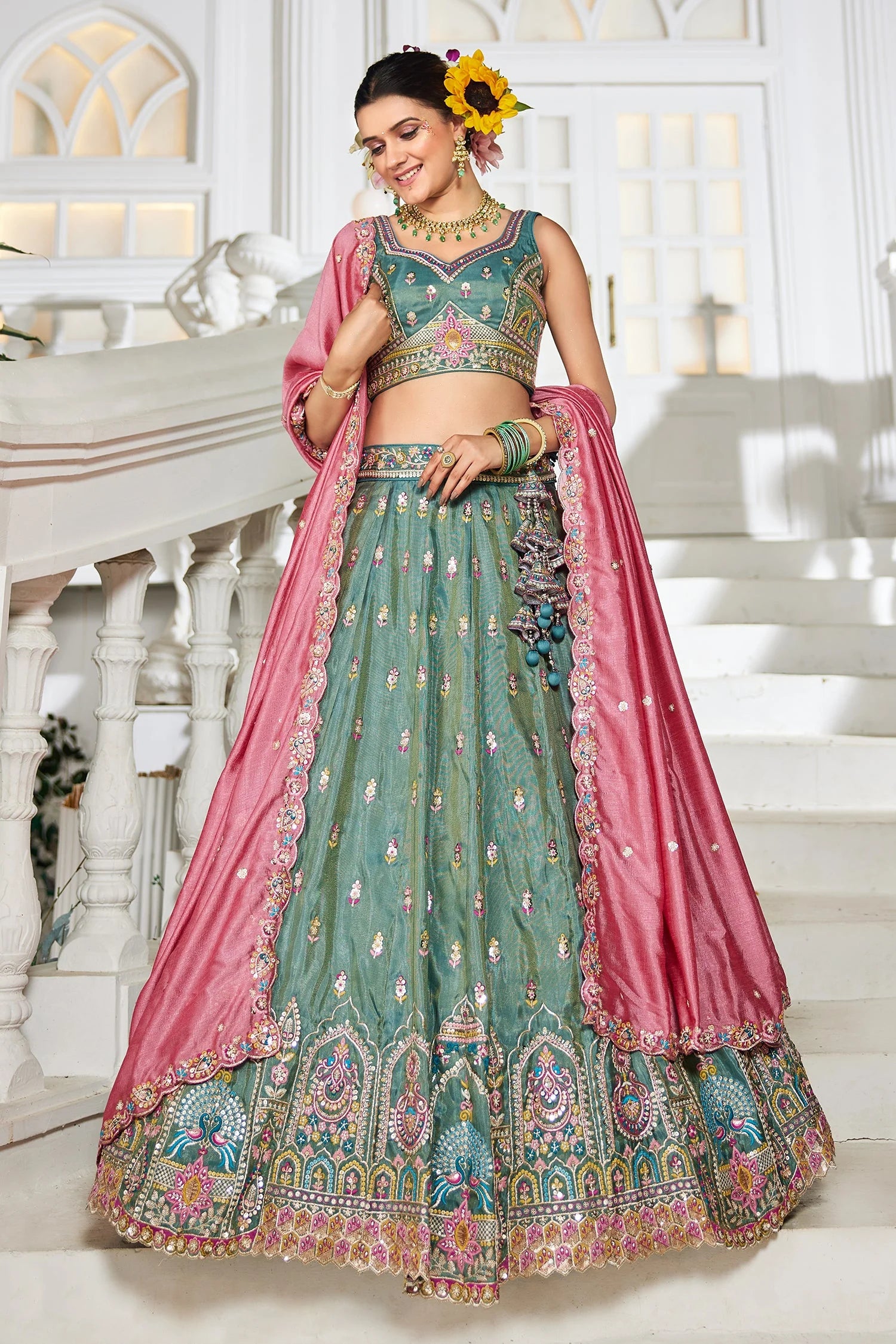 Sea Green Tissue Embroidery Lehenga