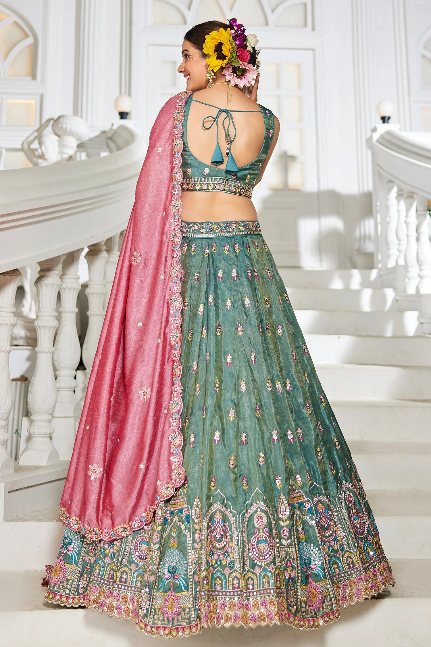 Sea Green Tissue Embroidery Lehenga