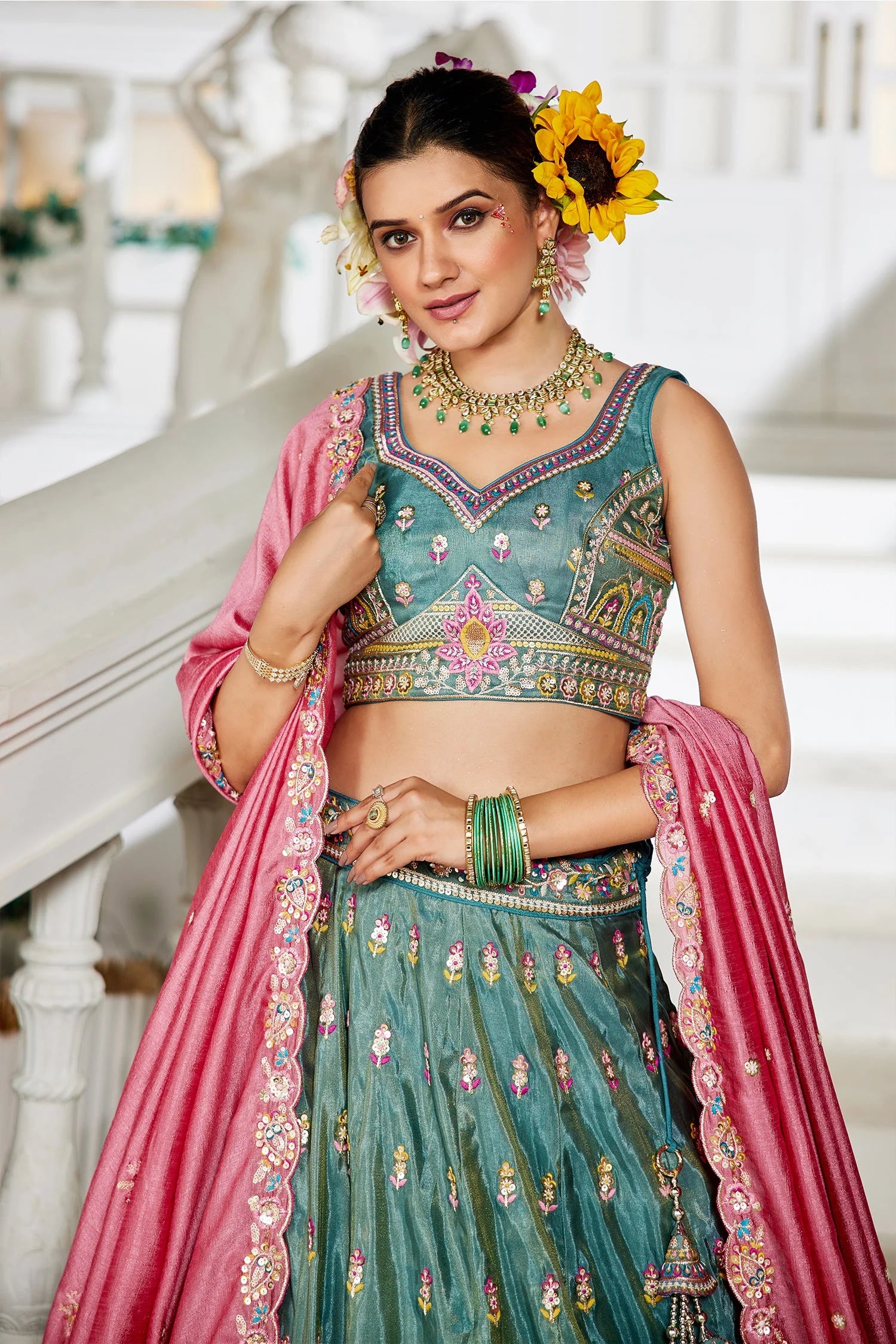 Sea Green Tissue Embroidery Lehenga