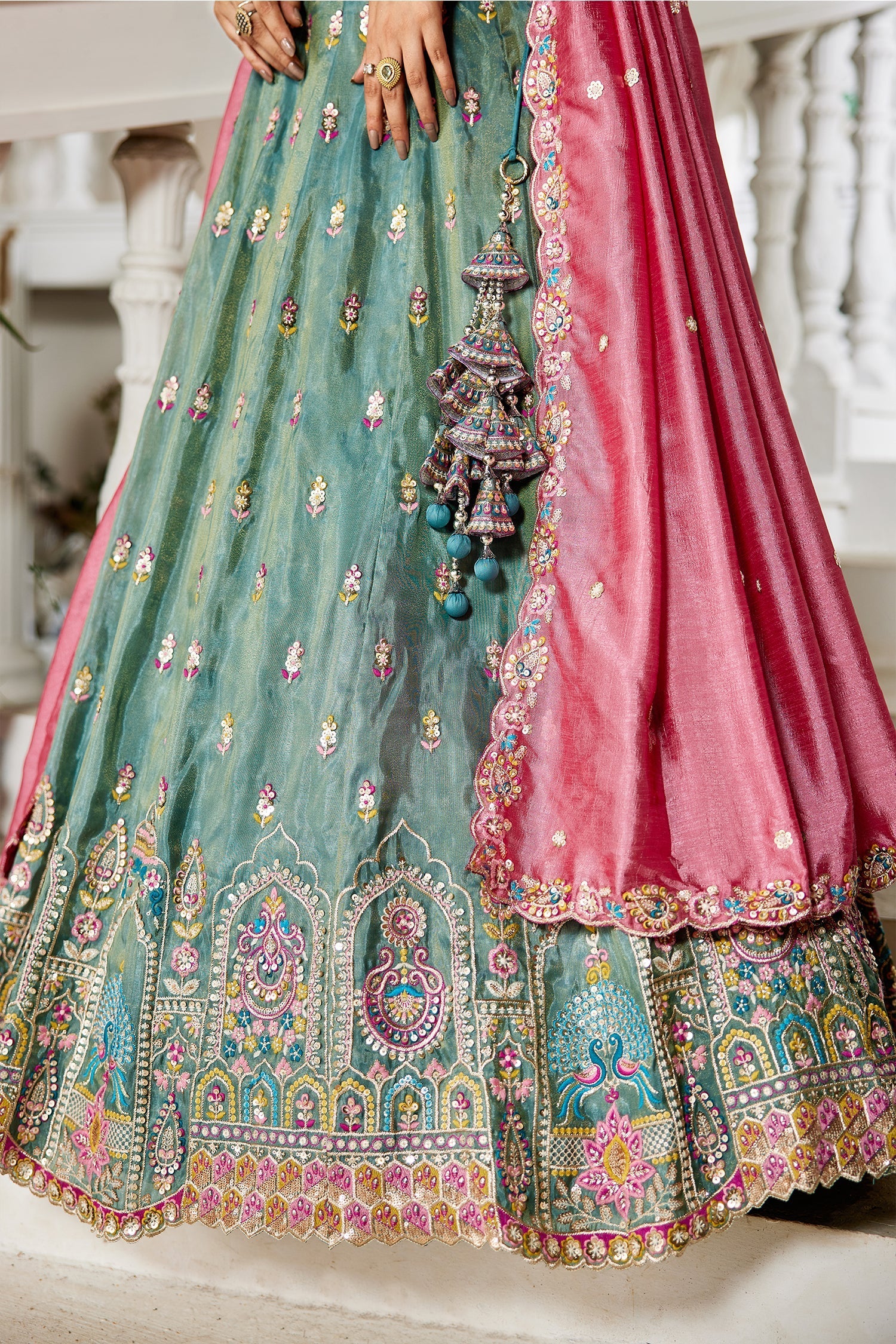 Sea Green Tissue Embroidery Lehenga