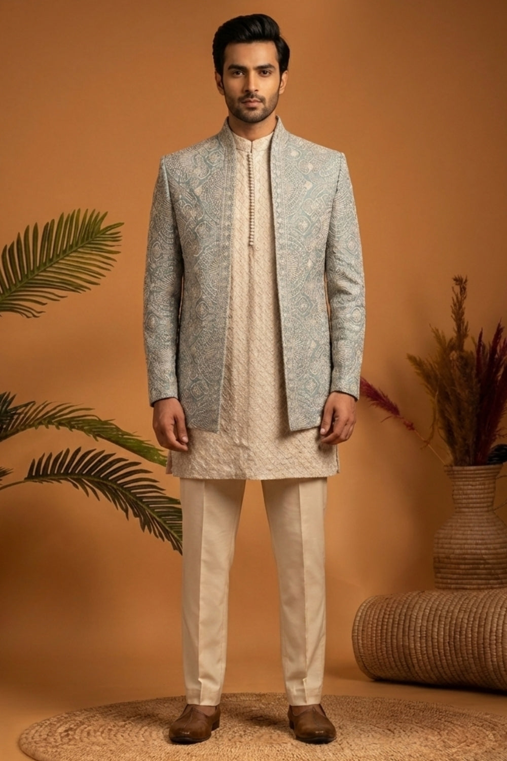 Sea Green Georgette Indo Western with Embroidery and Sequins Work