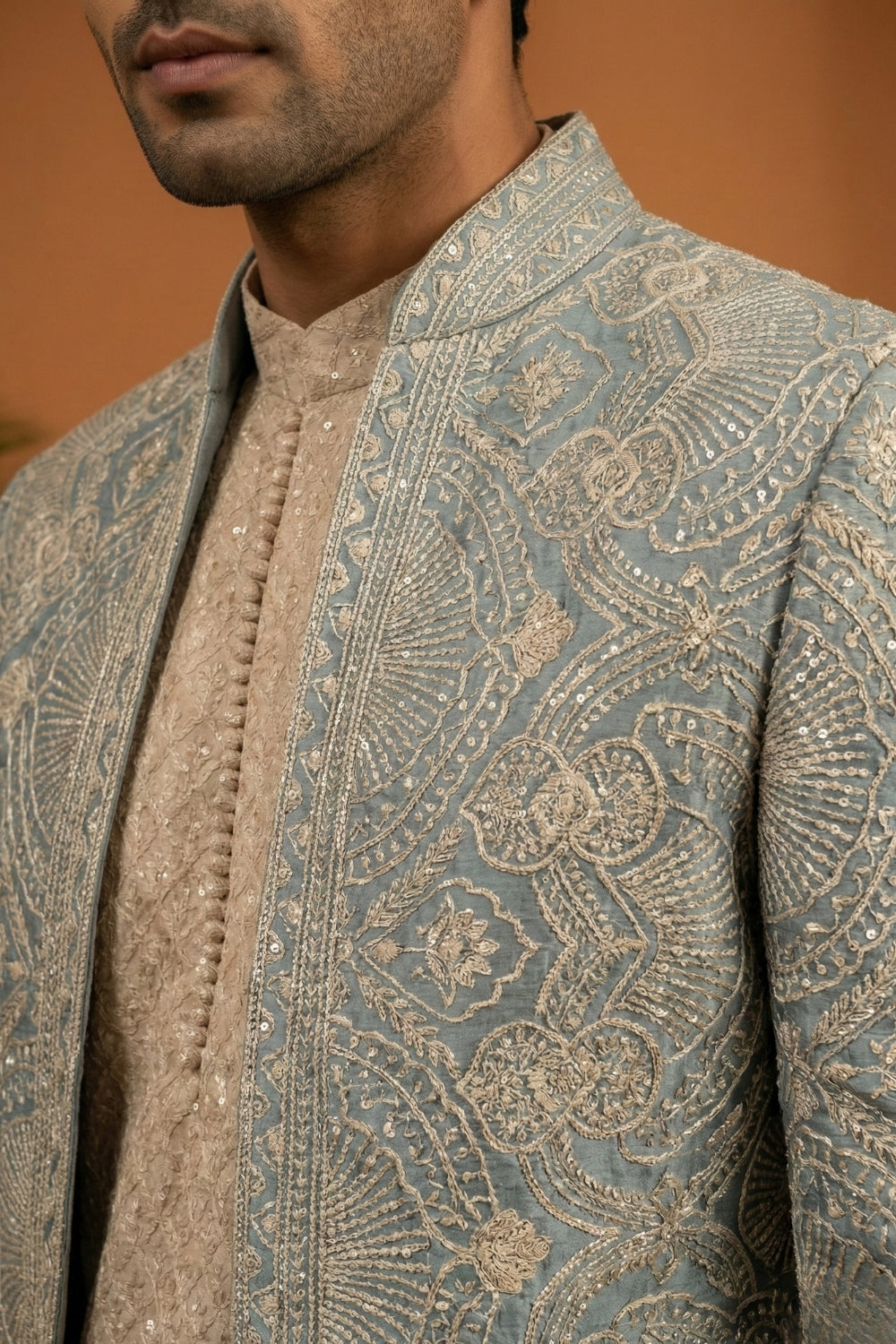 Sea Green Georgette Indo Western with Embroidery and Sequins Work