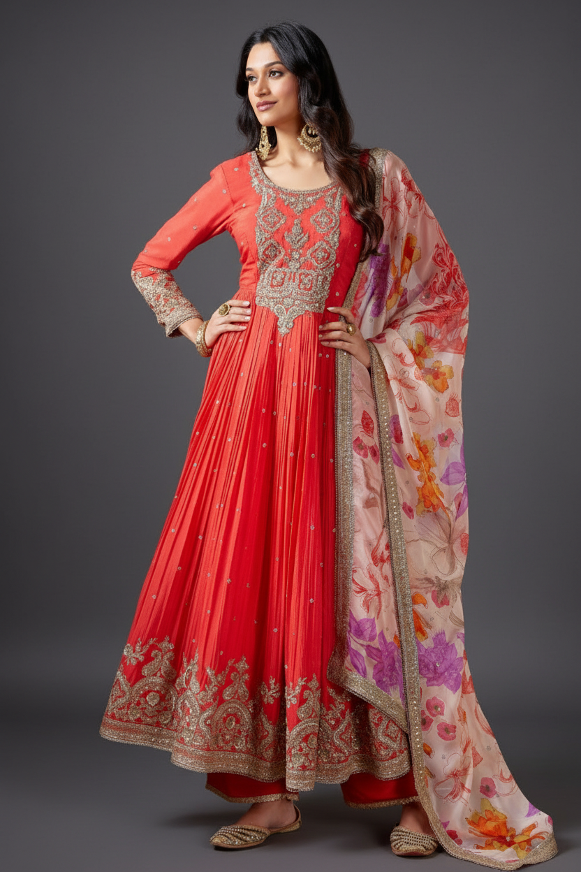 CHINON SILK ANARKALI WITH EMBROIDERY AND SEQUINS