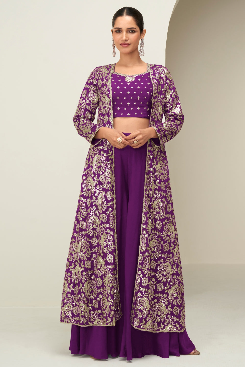 CHINON SILK CROP TOP WITH PALAZZO AND JACKET