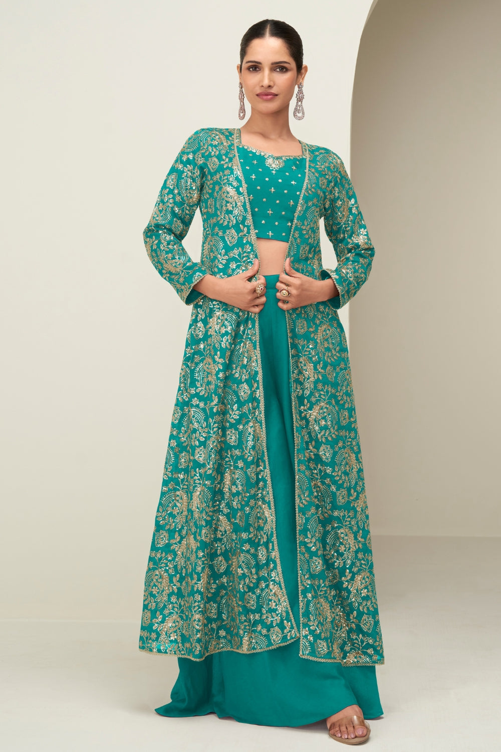 CHINON SILK CROP TOP WITH PALAZZO AND JACKET