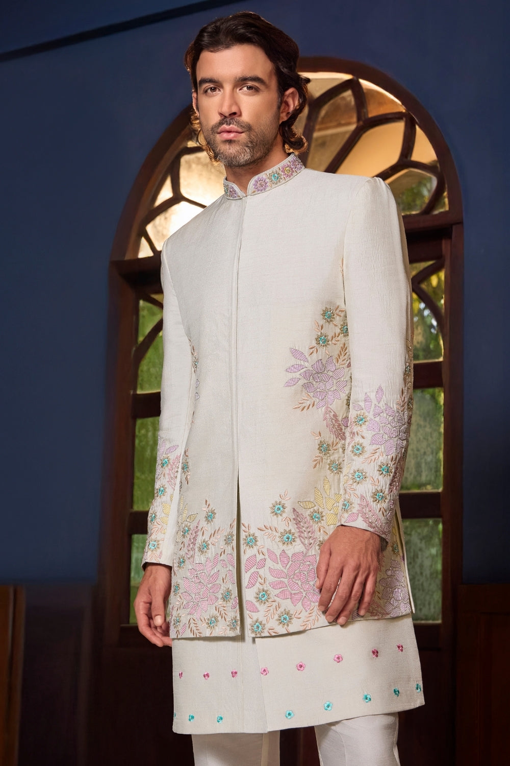 CREAM RAW SILK INDO WESTERN WITH ZARDOSI AND RESHAM EMBROIDERY
