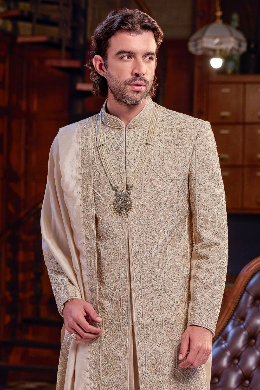 CREAM SILK SHERWANI WITH CUTDANA AND ZARDOSHI