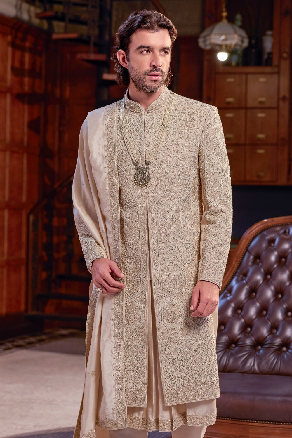CREAM SILK SHERWANI WITH CUTDANA AND ZARDOSHI