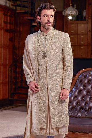 Cream Silk Sherwani With Cutdana And Zardosi