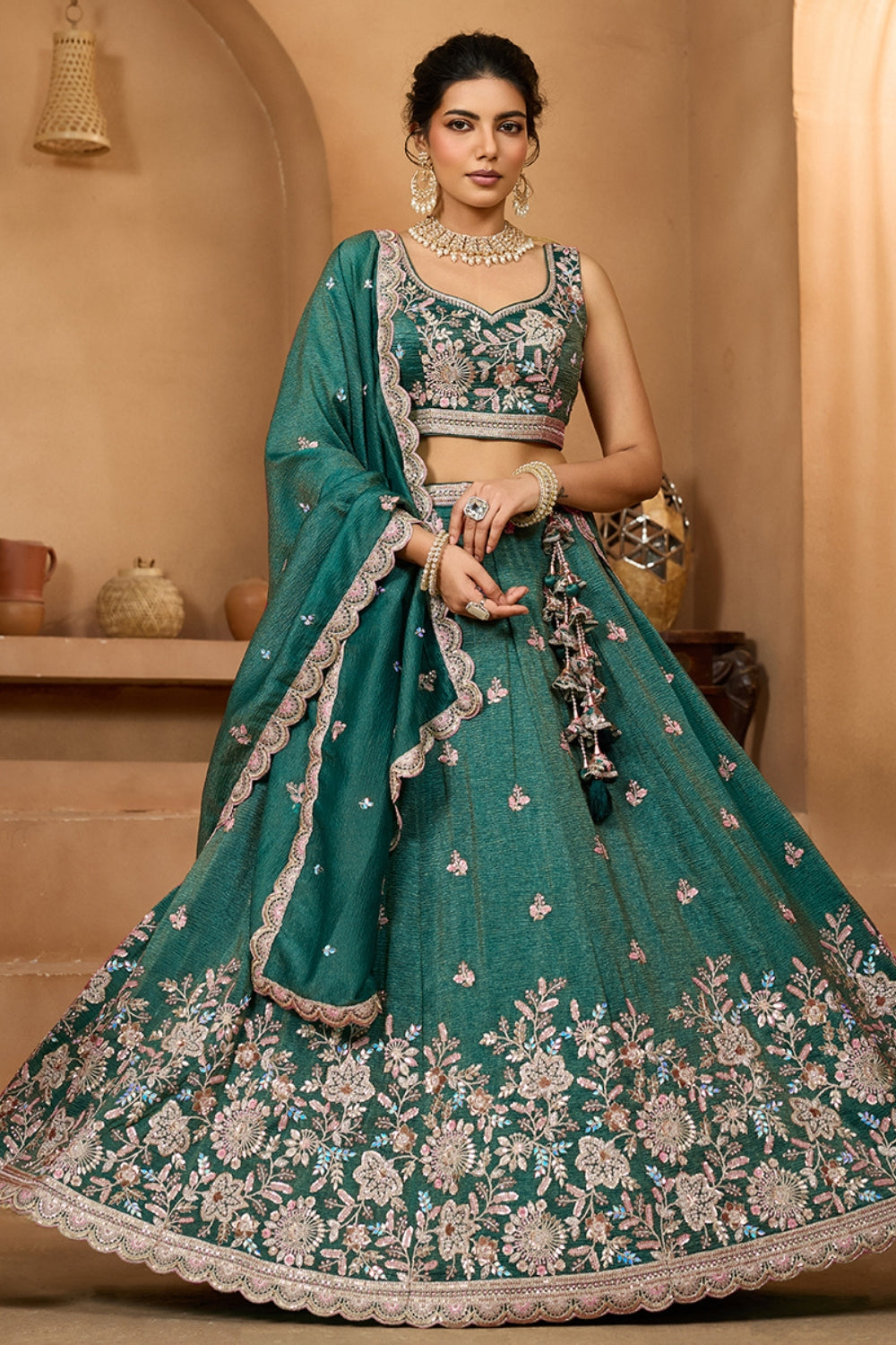 CRUSH TISSUE LEHENGA CHOLI WITH MOTI AND SEQUINS