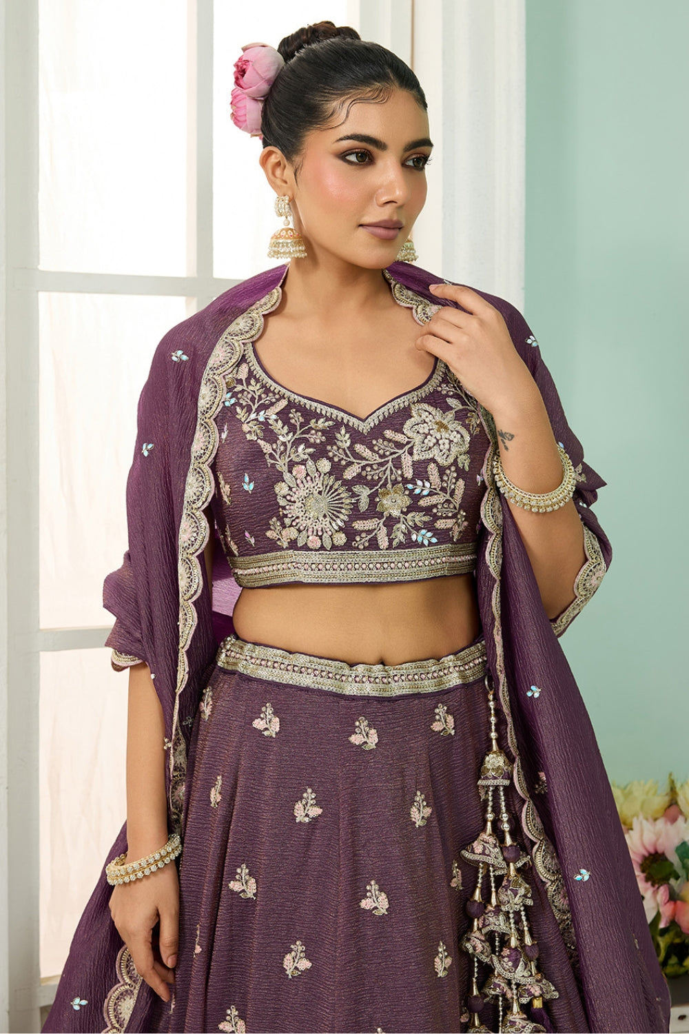 CRUSH TISSUE LEHENGA CHOLI WITH MOTI AND SEQUINS
