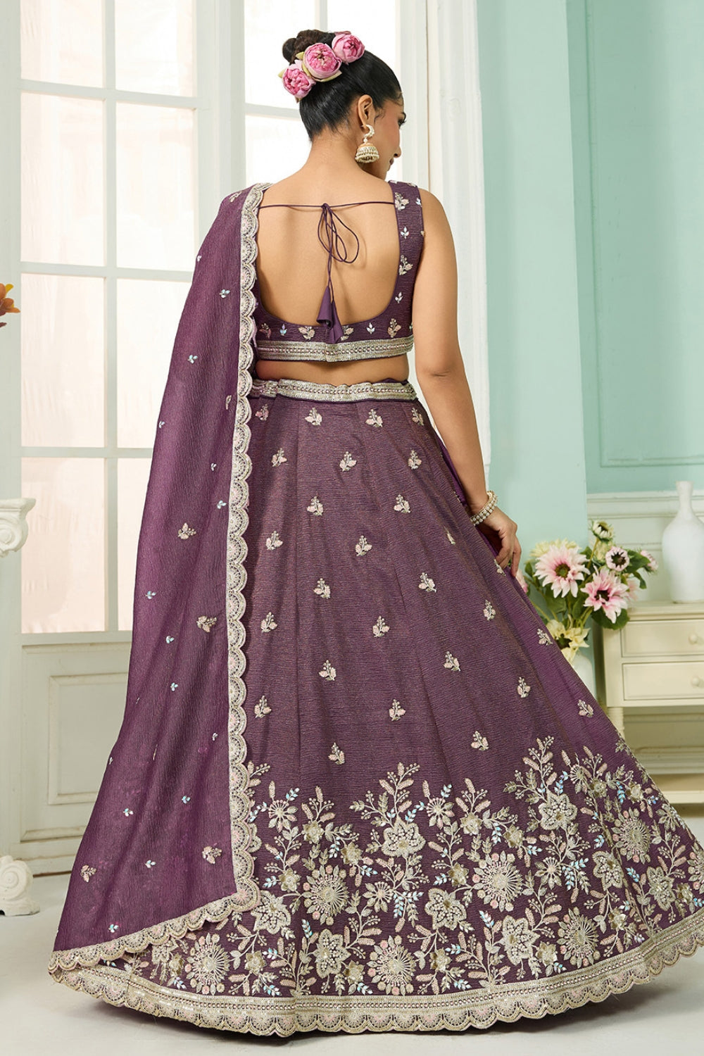 CRUSH TISSUE LEHENGA CHOLI WITH MOTI AND SEQUINS