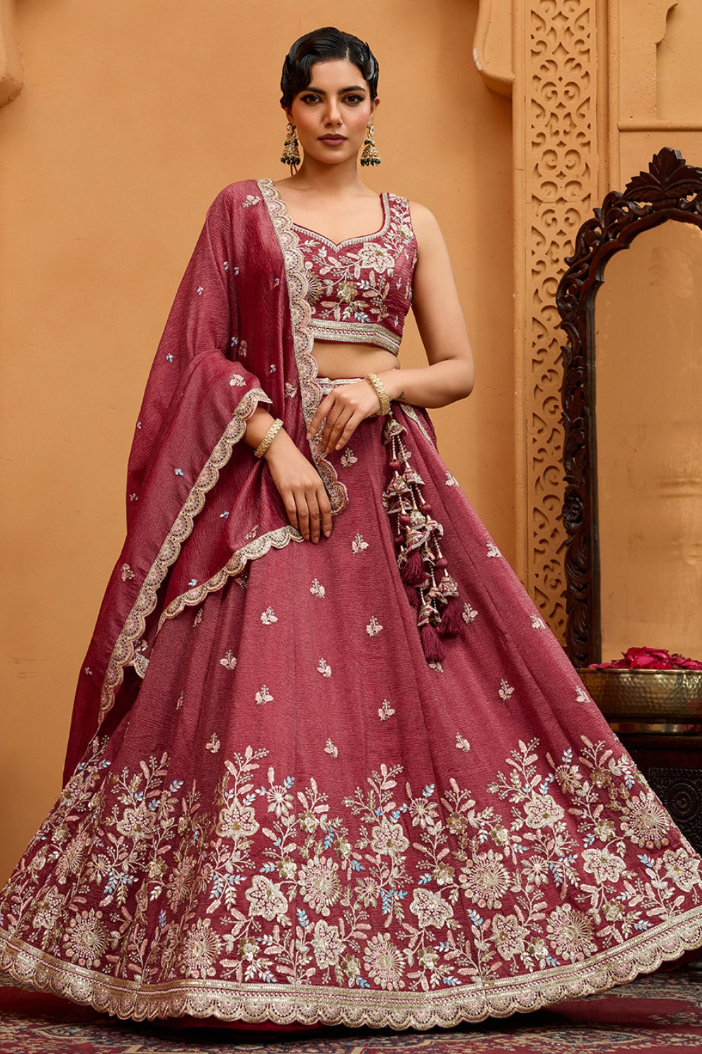 CRUSH TISSUE LEHENGA CHOLI WITH MOTI AND SEQUINS