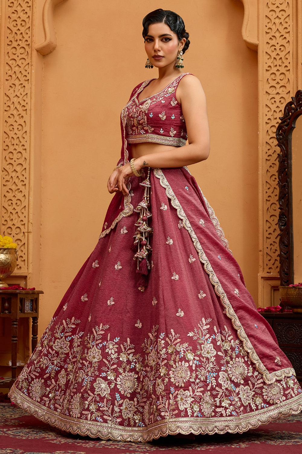 CRUSH TISSUE LEHENGA CHOLI WITH MOTI AND SEQUINS