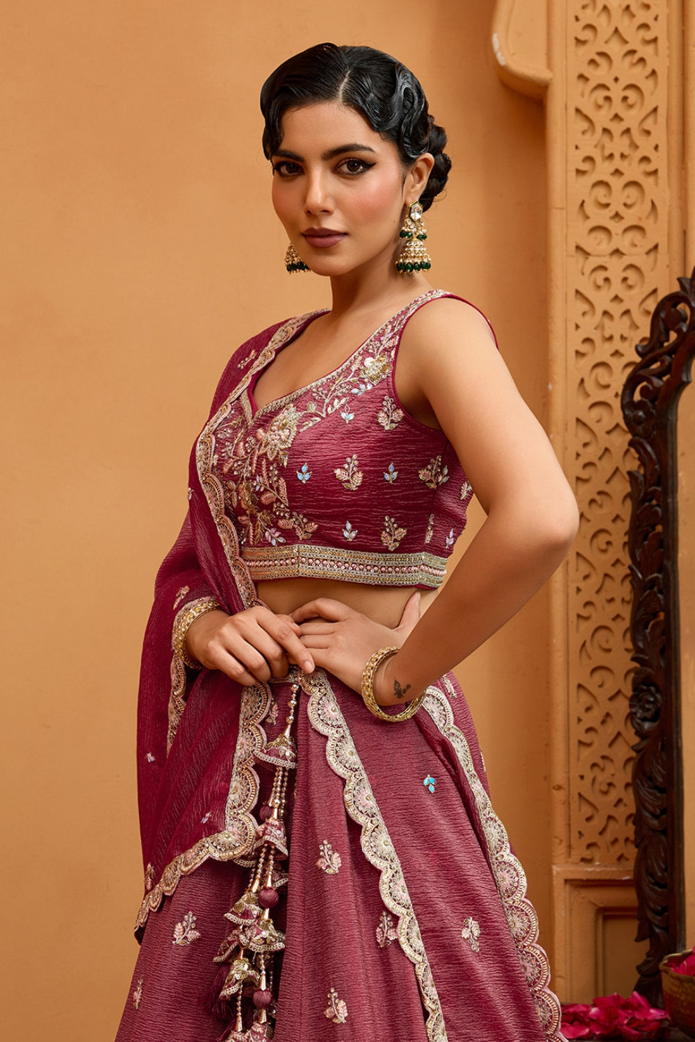 CRUSH TISSUE LEHENGA CHOLI WITH MOTI AND SEQUINS