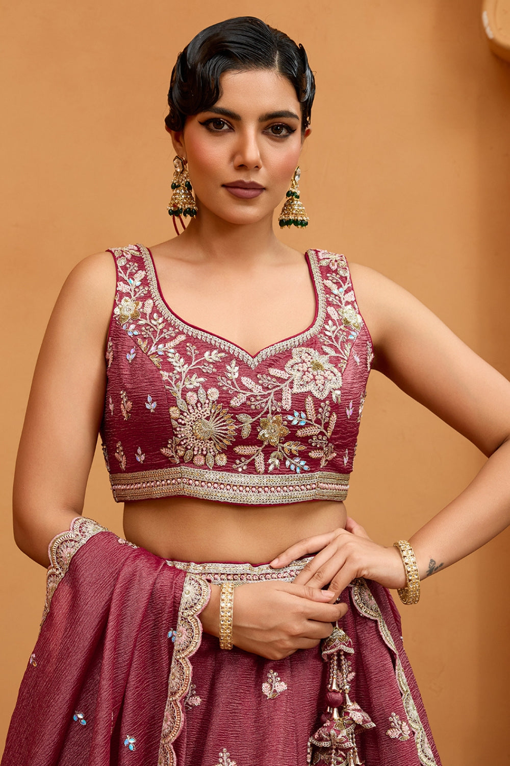 CRUSH TISSUE LEHENGA CHOLI WITH MOTI AND SEQUINS