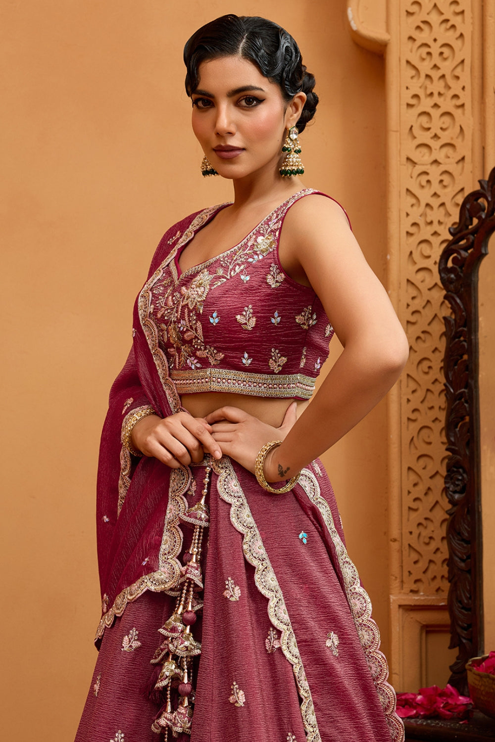 CRUSH TISSUE LEHENGA CHOLI WITH MOTI AND SEQUINS
