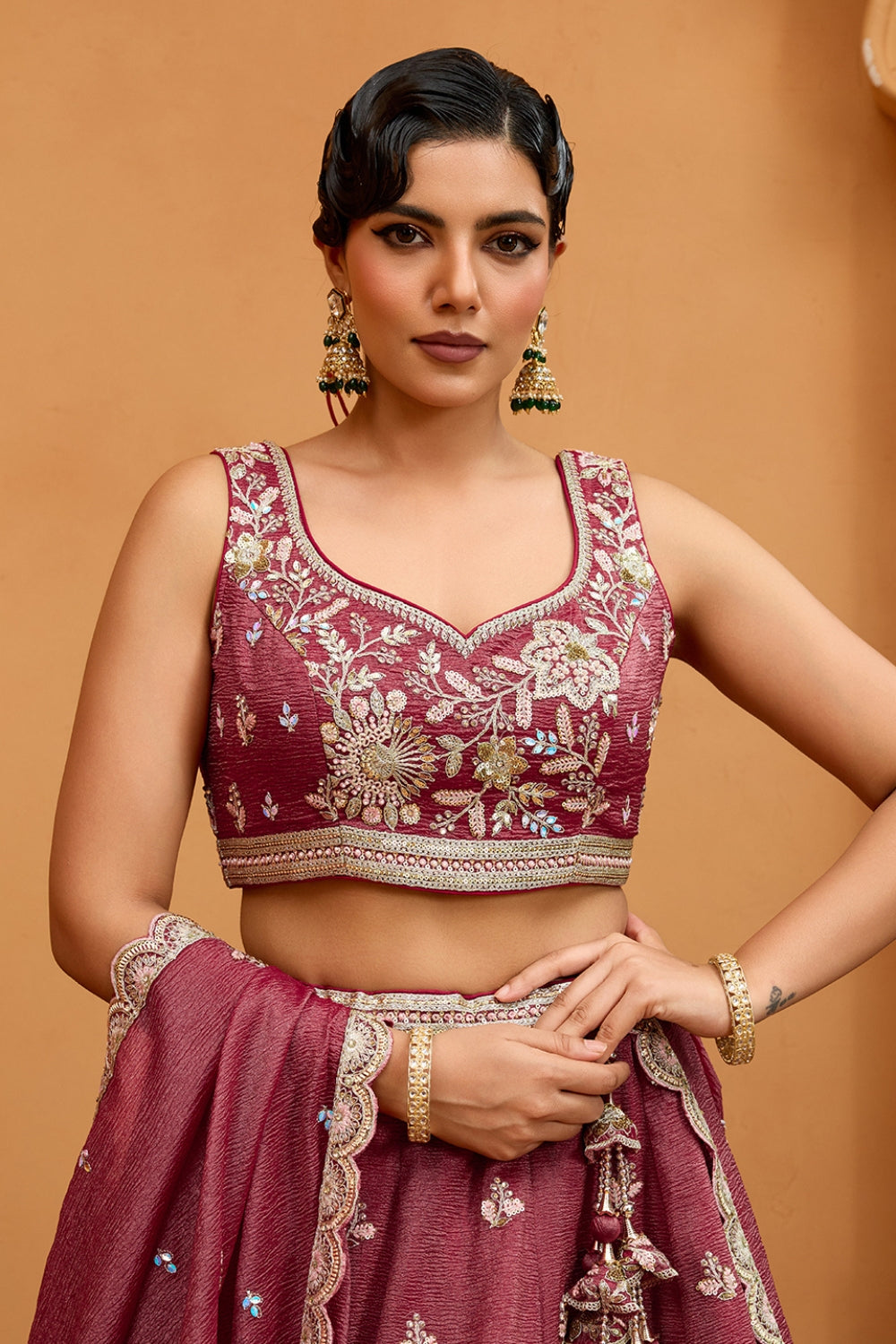 CRUSH TISSUE LEHENGA CHOLI WITH MOTI AND SEQUINS