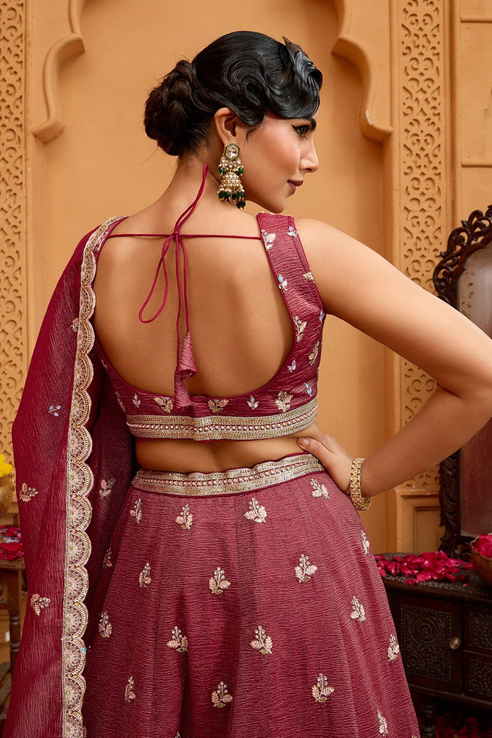 CRUSH TISSUE LEHENGA CHOLI WITH MOTI AND SEQUINS