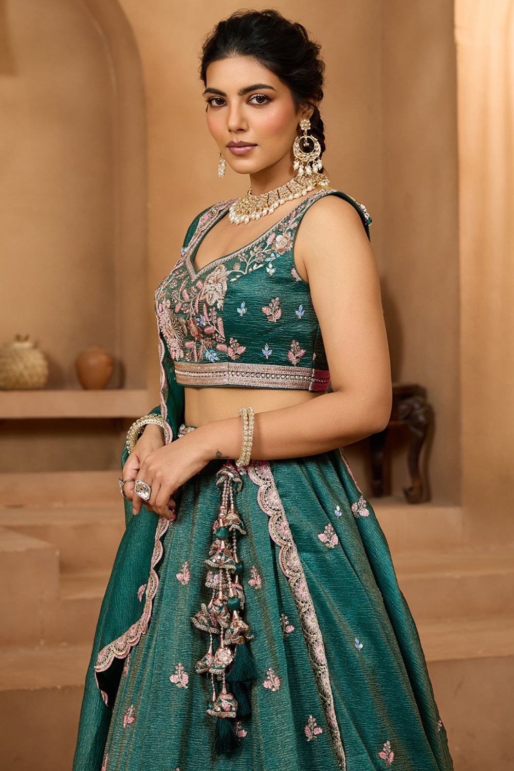 CRUSH TISSUE LEHENGA CHOLI WITH MOTI AND SEQUINS