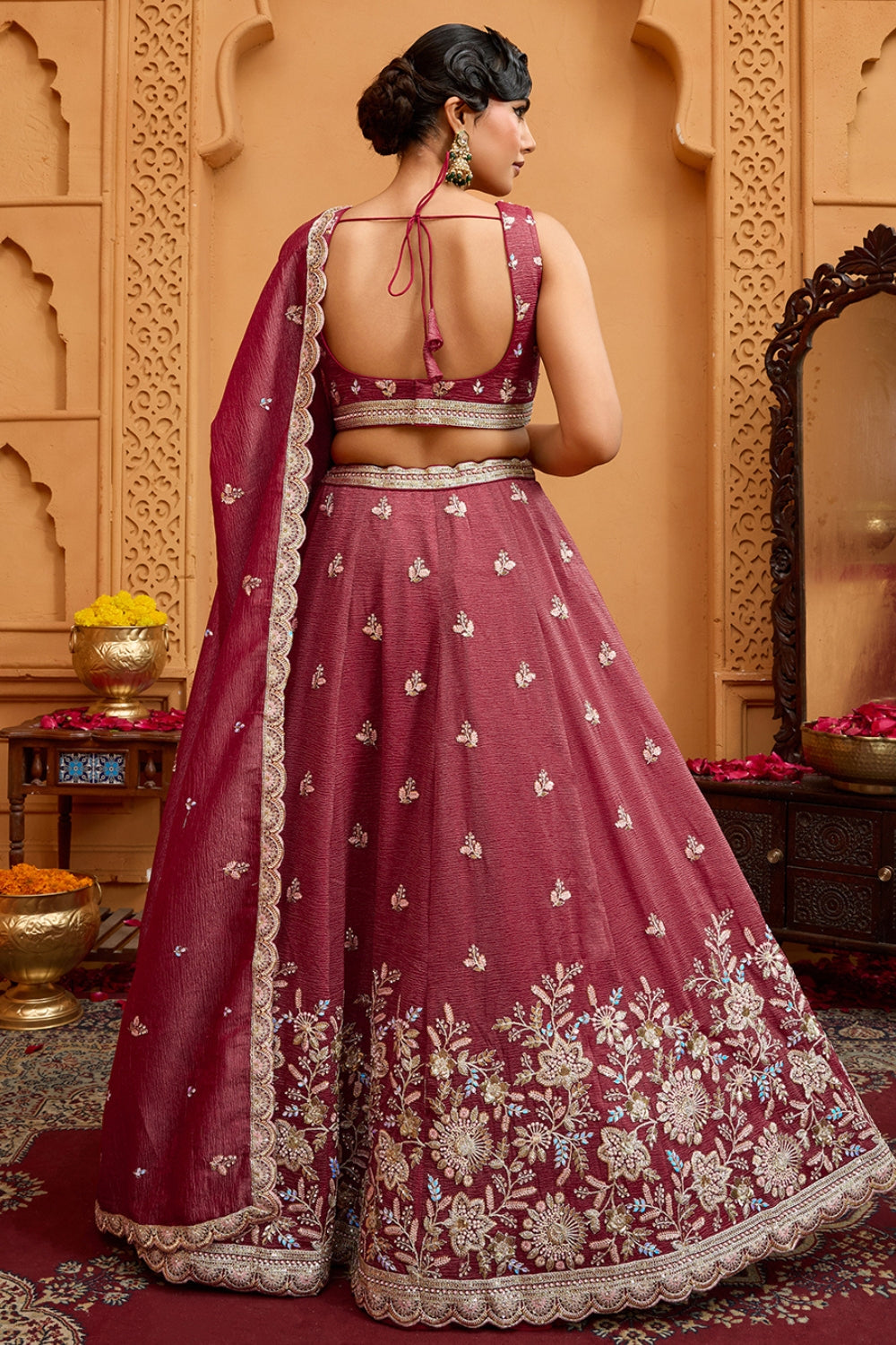 CRUSH TISSUE LEHENGA CHOLI WITH MOTI AND SEQUINS