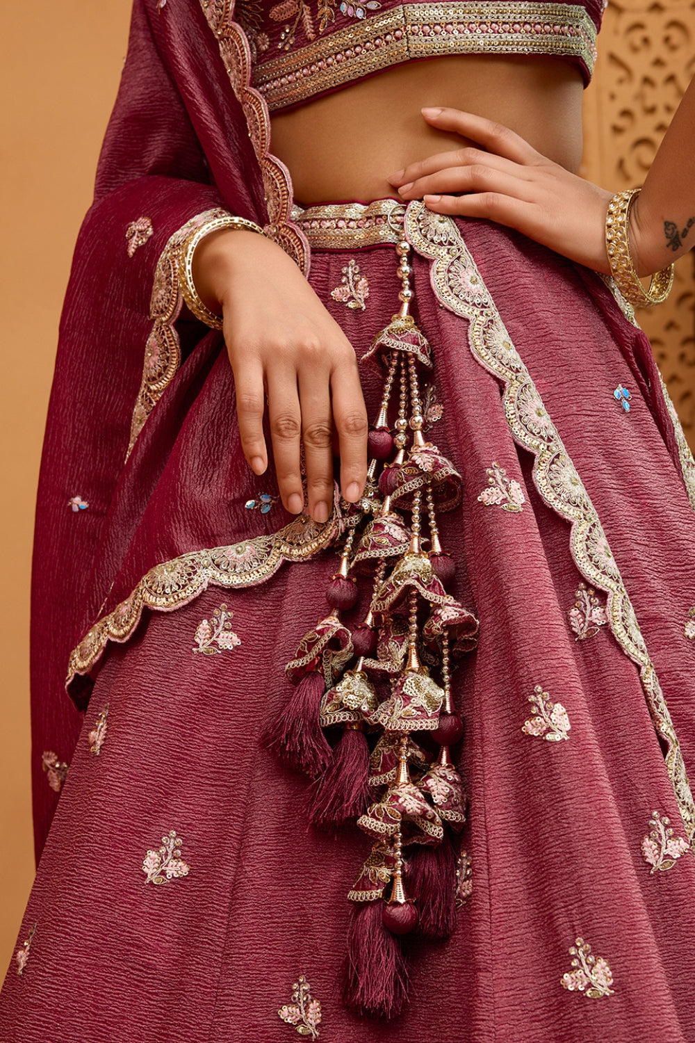 CRUSH TISSUE LEHENGA CHOLI WITH MOTI AND SEQUINS