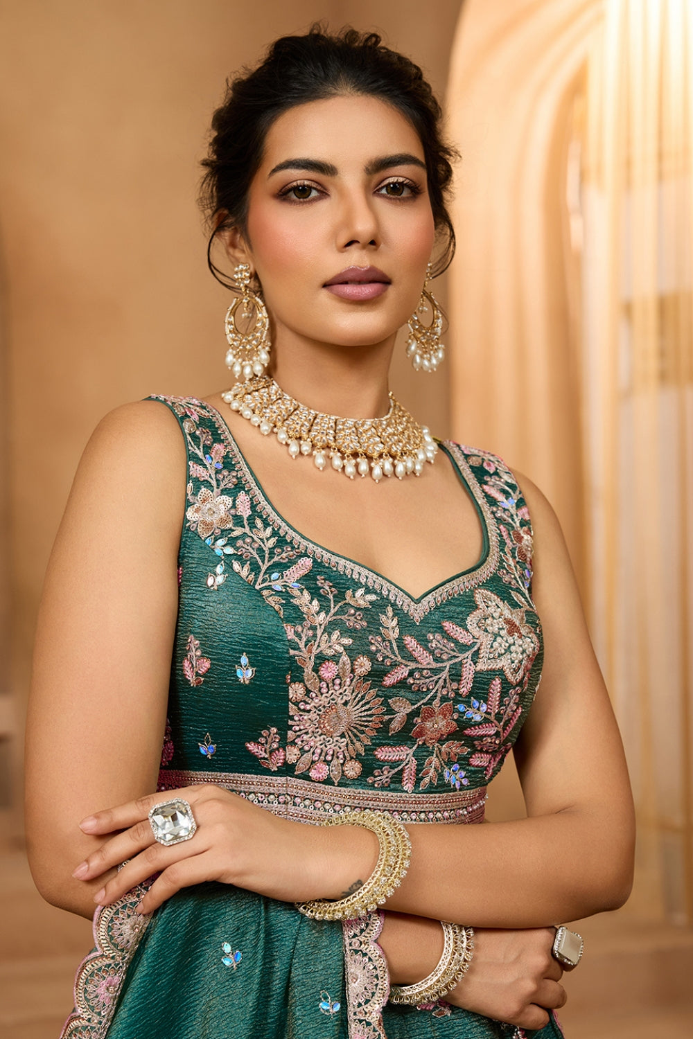 CRUSH TISSUE LEHENGA CHOLI WITH MOTI AND SEQUINS