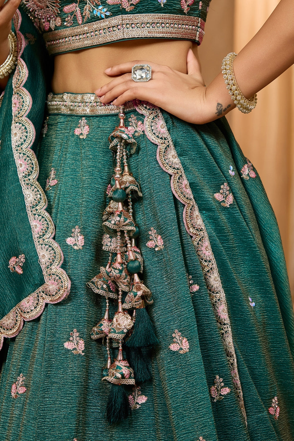 CRUSH TISSUE LEHENGA CHOLI WITH MOTI AND SEQUINS
