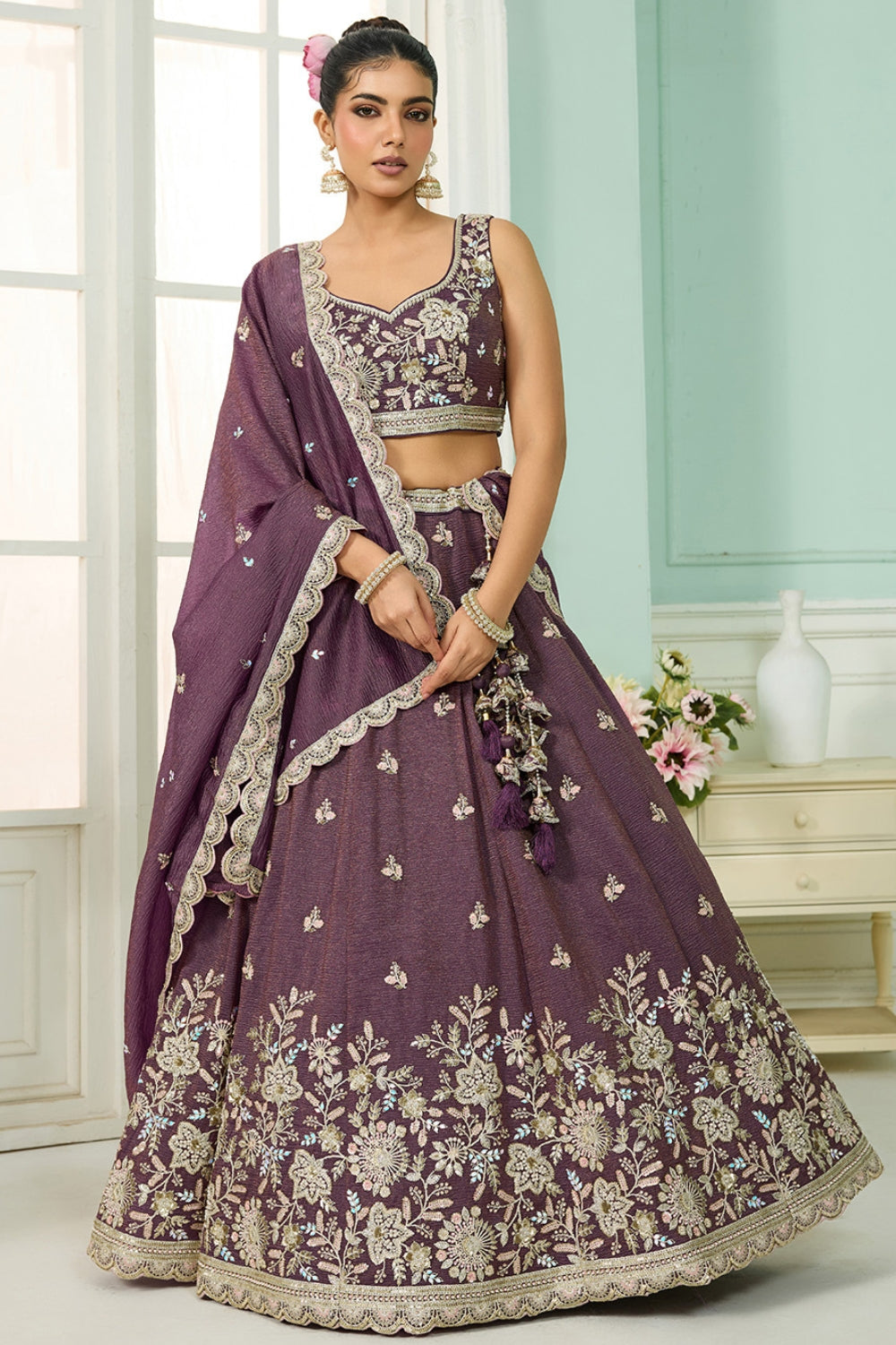 CRUSH TISSUE LEHENGA CHOLI WITH MOTI AND SEQUINS