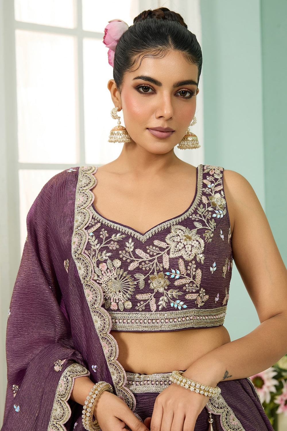 CRUSH TISSUE LEHENGA CHOLI WITH MOTI AND SEQUINS