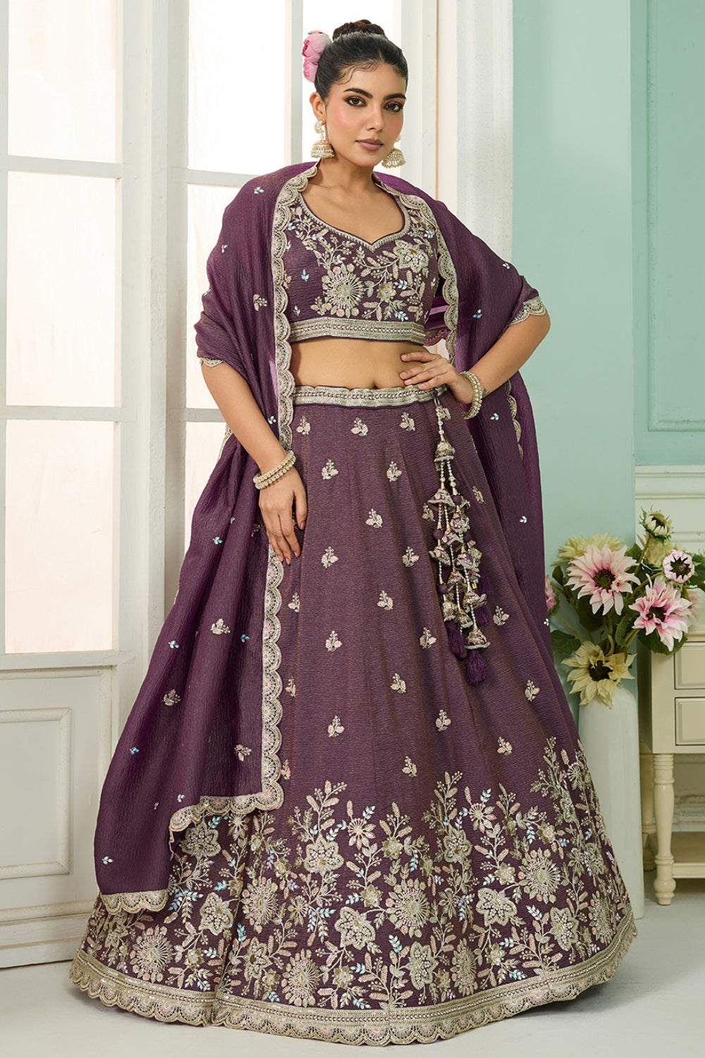 CRUSH TISSUE LEHENGA CHOLI WITH MOTI AND SEQUINS