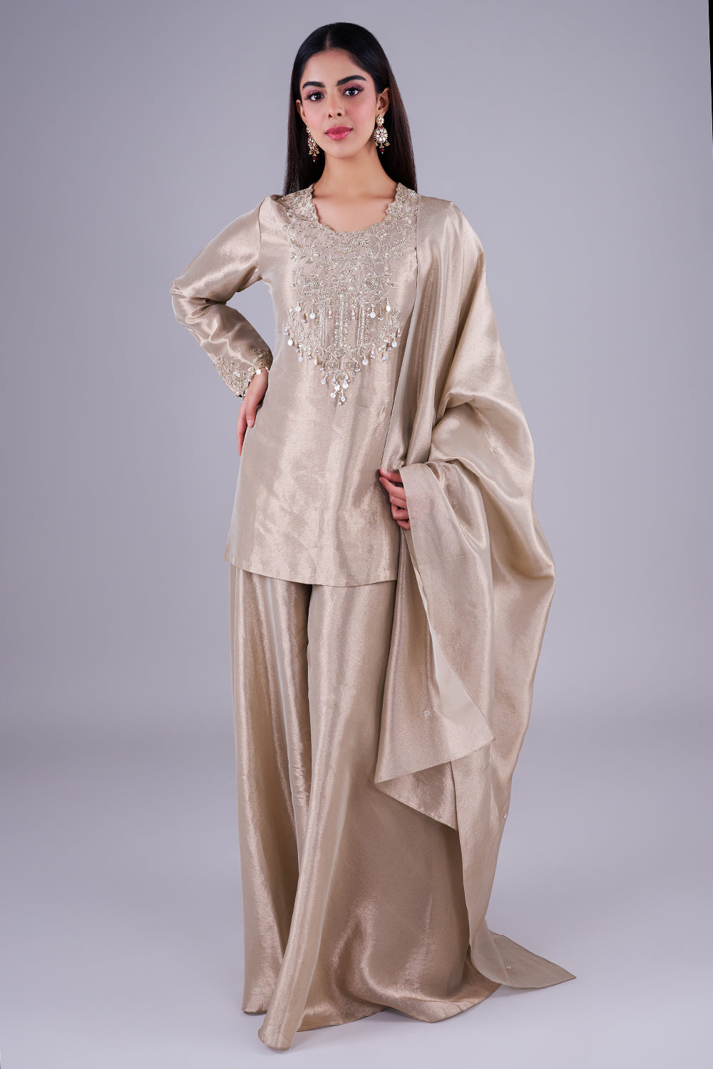 Champagne embroidered kurta with palazzos