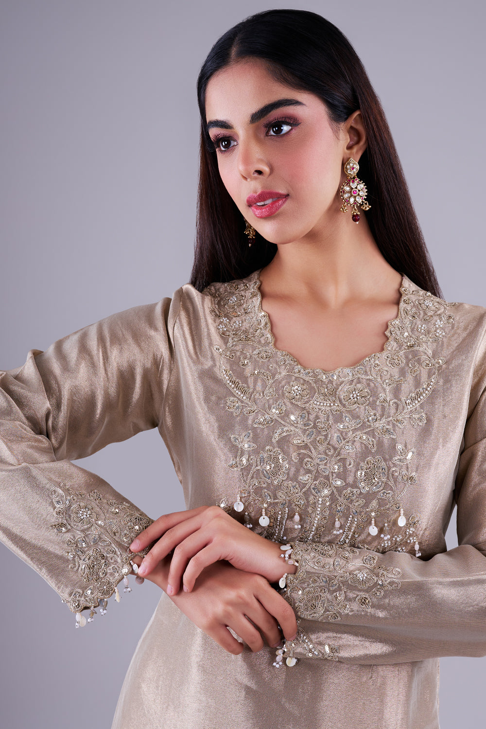 Champagne embroidered kurta with palazzos