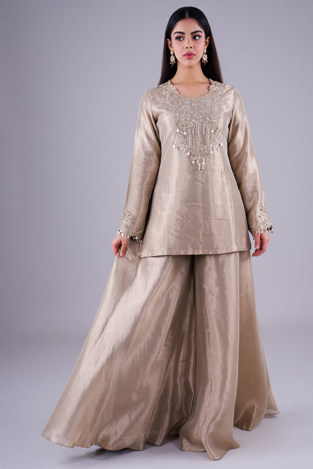 Champagne embroidered kurta with palazzos