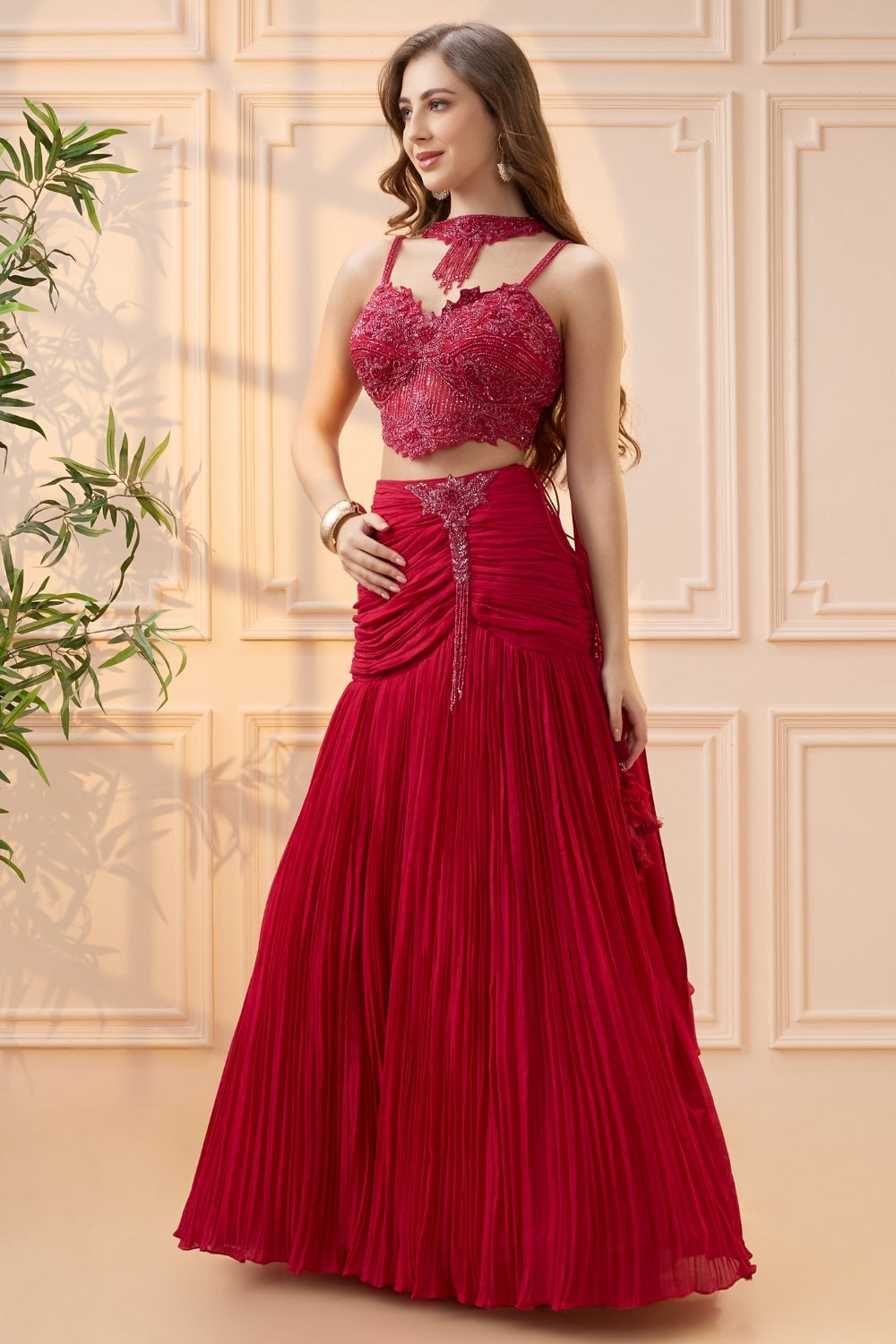 Red Chiffon Lehenga Choli with Cutdana and Beads Work