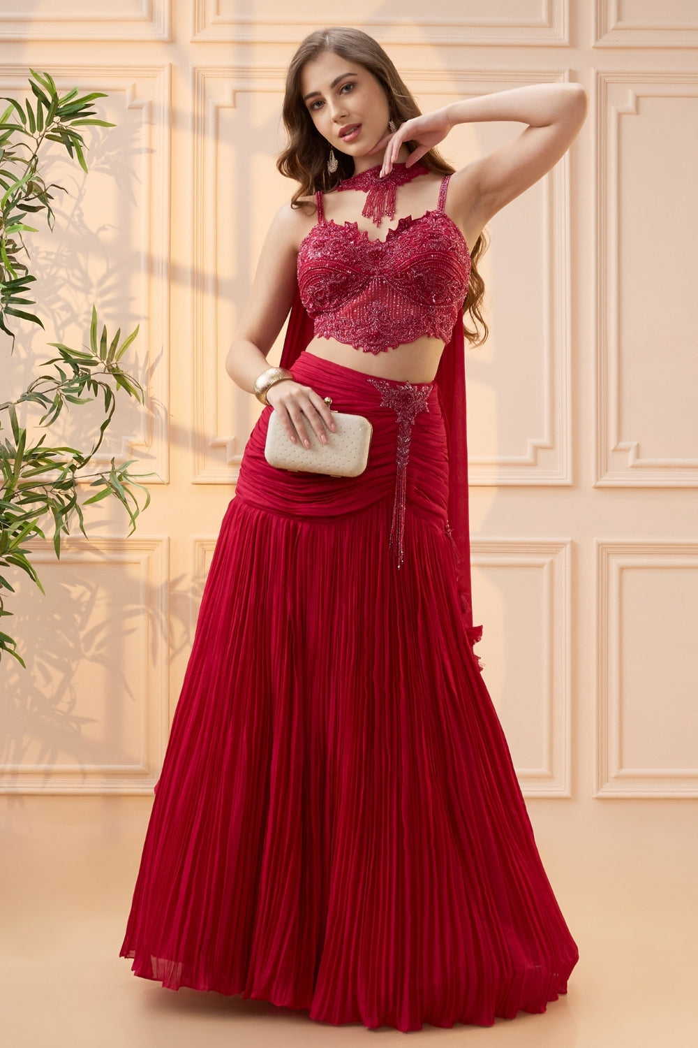 Red Chiffon Lehenga Choli with Cutdana and Beads Work