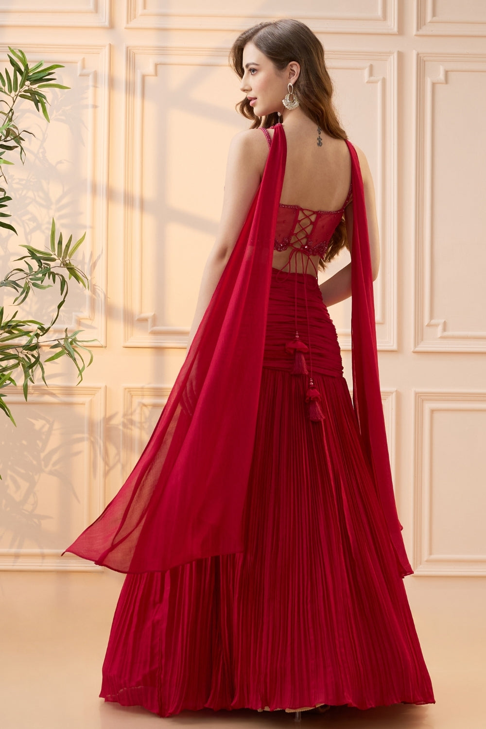 Red Chiffon Lehenga Choli with Cutdana and Beads Work