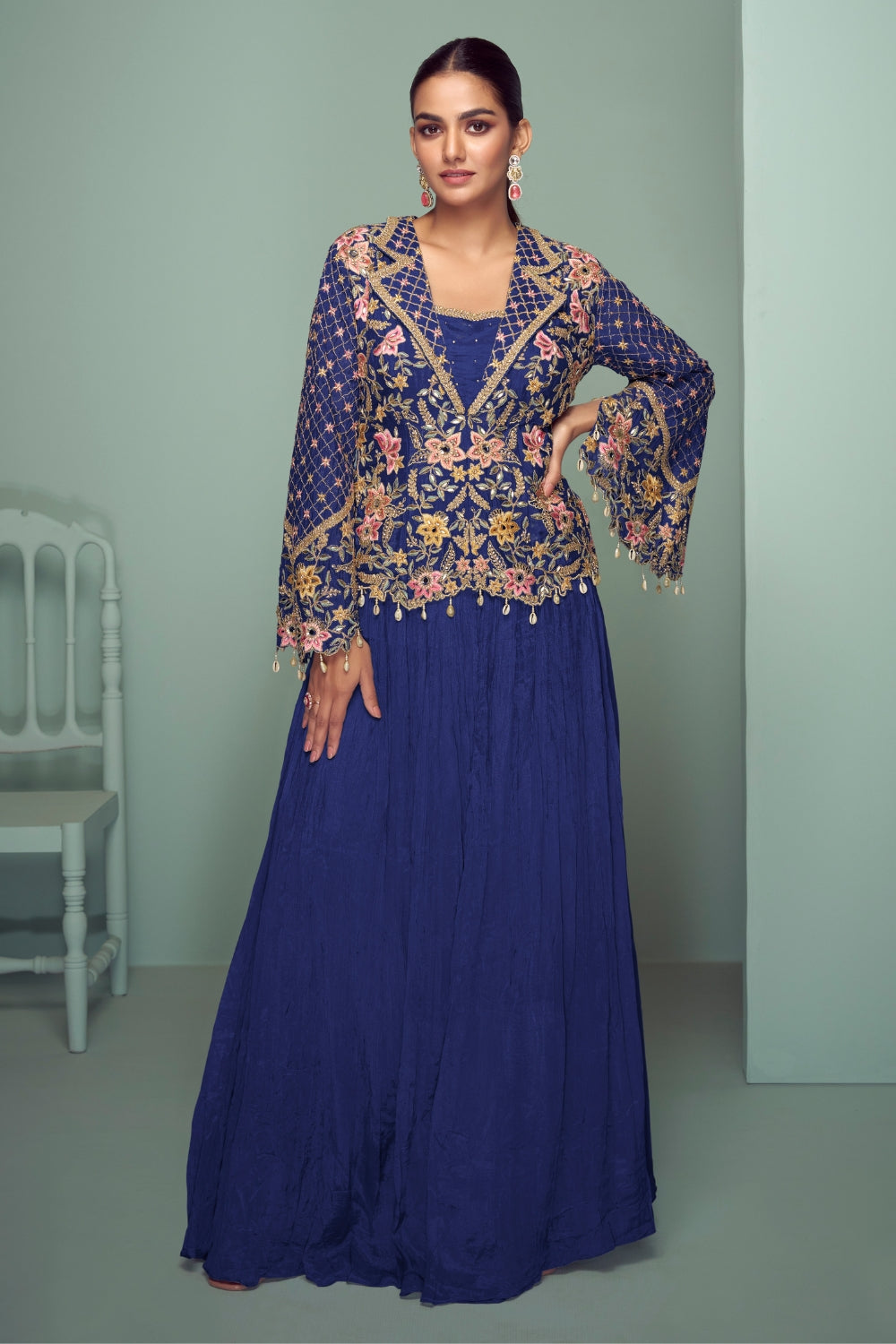 Chinon Anarkali Set with Mirror and Embroidery Work