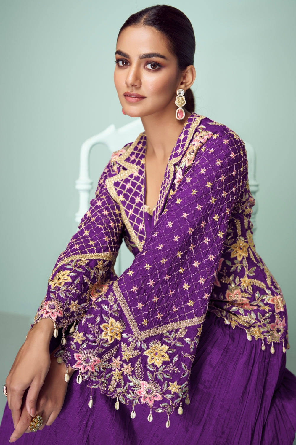 Chinon Anarkali Set with Mirror and Embroidery Work