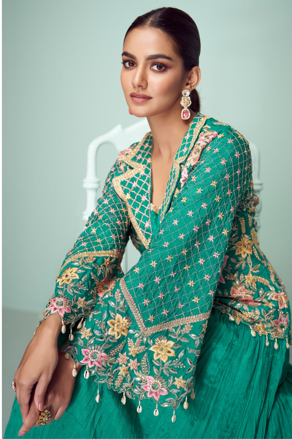 Chinon Anarkali Set with Mirror and Embroidery Work